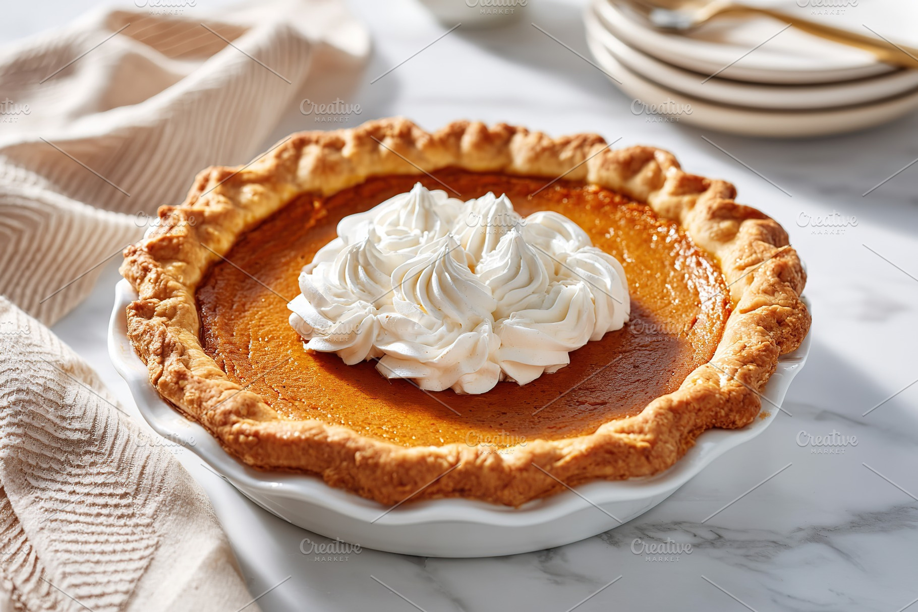 Delicious pumpkin pie with whipped cream on a marble countertop for autumn cele, a Photo by AlyaAnd