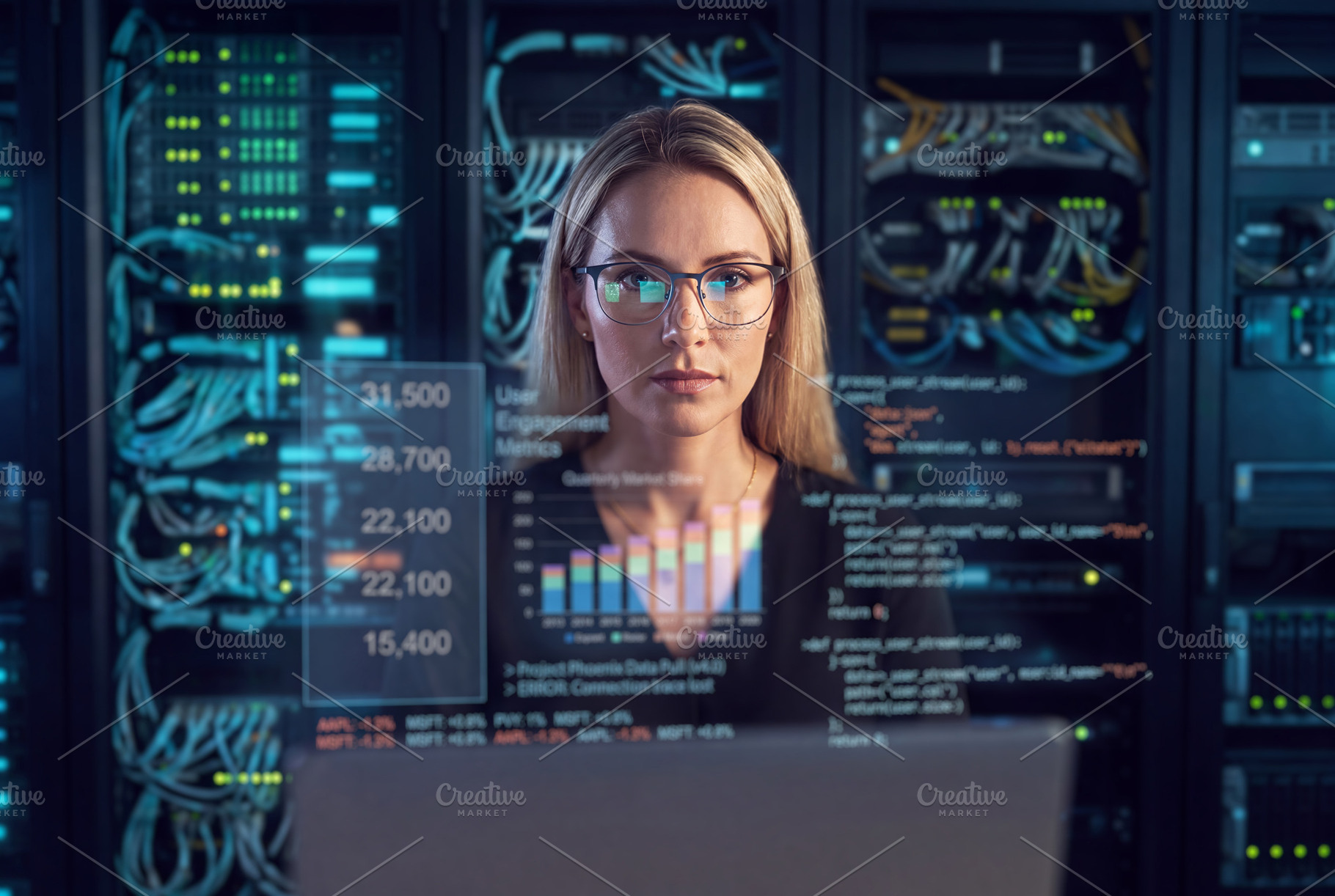 Professional female IT engineer (blonde woman in glasses) workin, a Technology Photo by Volff