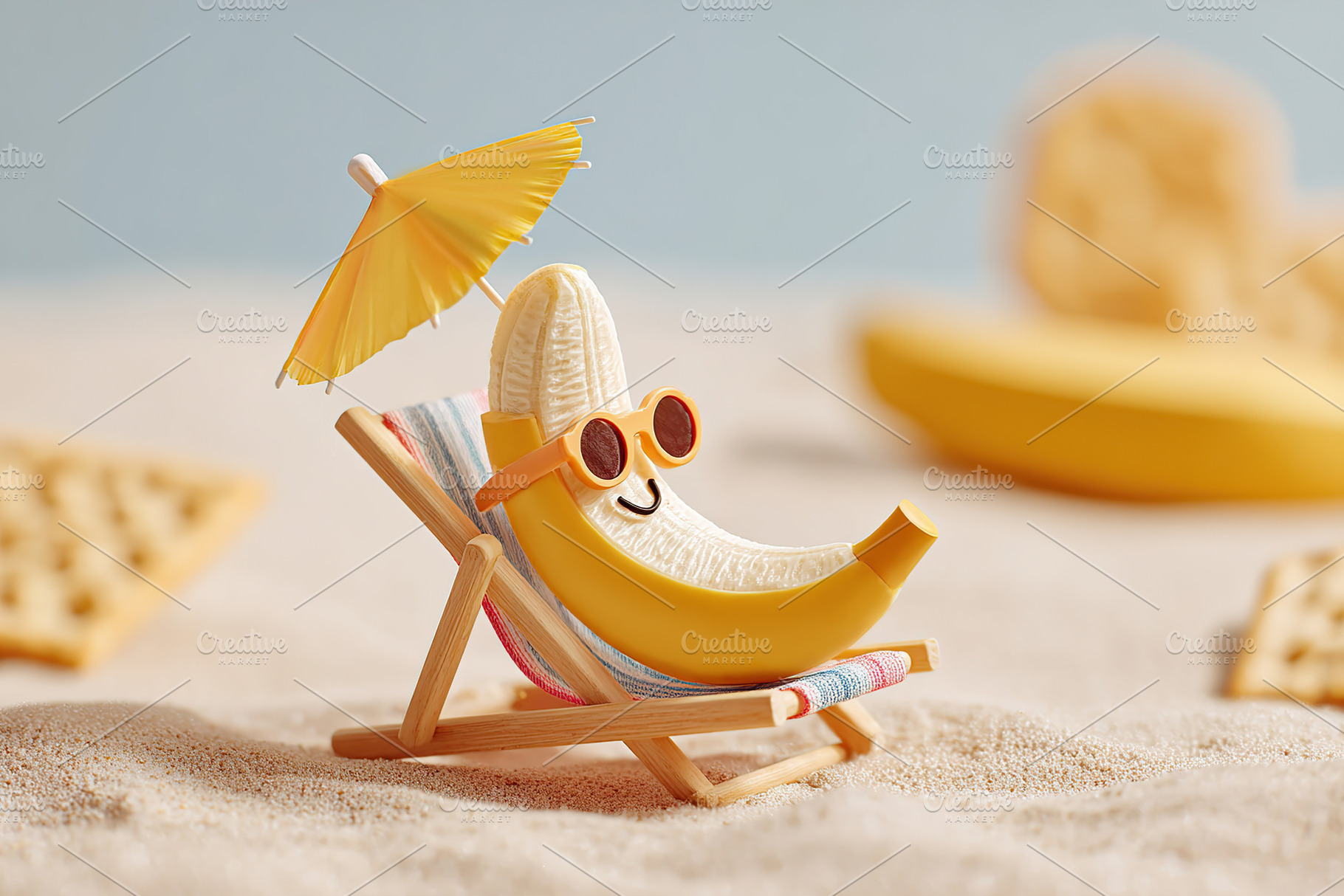 Banana enjoys a sunny day on a beach chair under a small umbrella, a Photo by AlyaAnd