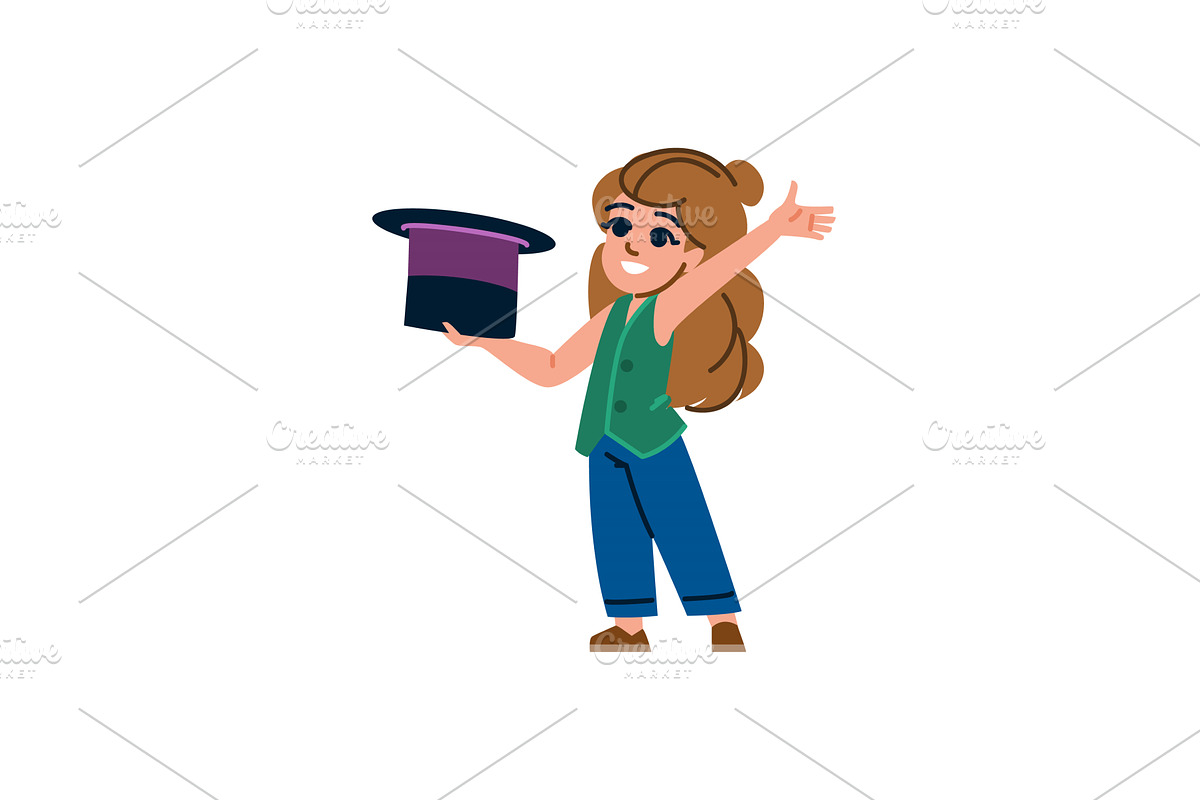 Young magician girl holding top hat, an Illustration by pikepicture
