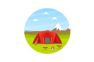 Red Tourist Tent and Campfire on, an Illustration by TopVectors
