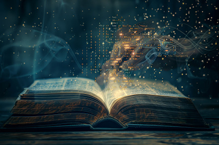 An open book emits a glowing light,, a Photo by Tanuart