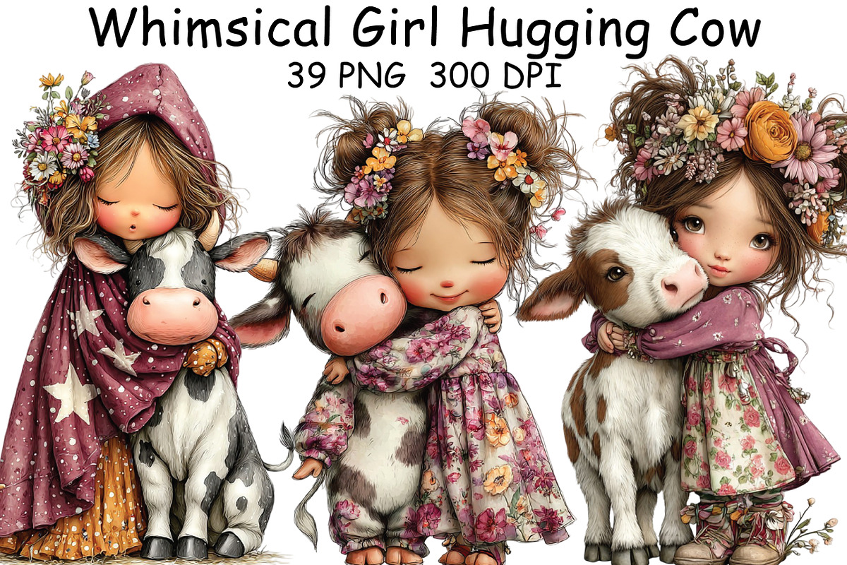 Whimsical Girl Hugging Cow Clipart, an Illustration by CraftArtStudio (Photo 1 of 6)