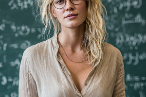 Blonde teacher in beige shirt holdin, a Photo by Pixeness Studio
