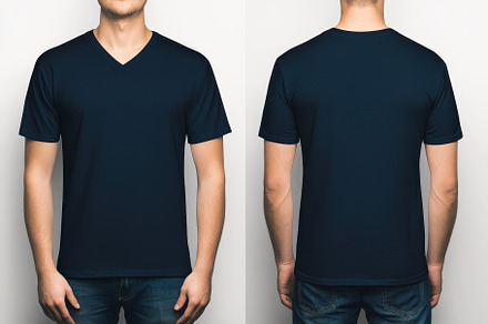 A person wears a navy blue v-neck t-, a Photo by Tanuart