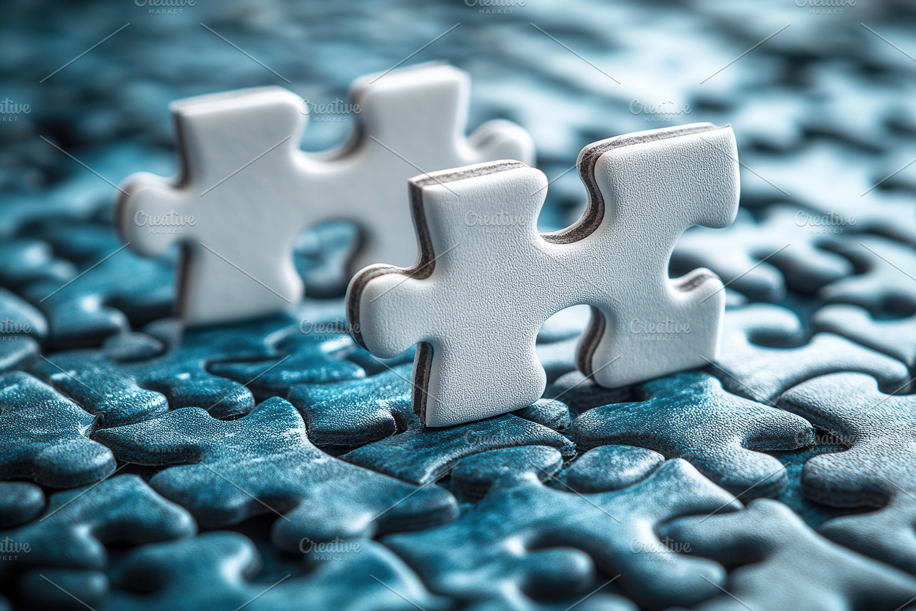 Two white puzzle pieces on a blue ba, a Photo by Tanuart