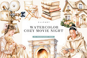 Watercolor Cozy Movie Night Clipart, an Object Illustration by BusyDaydesign (Thumbnail 1 of 9)