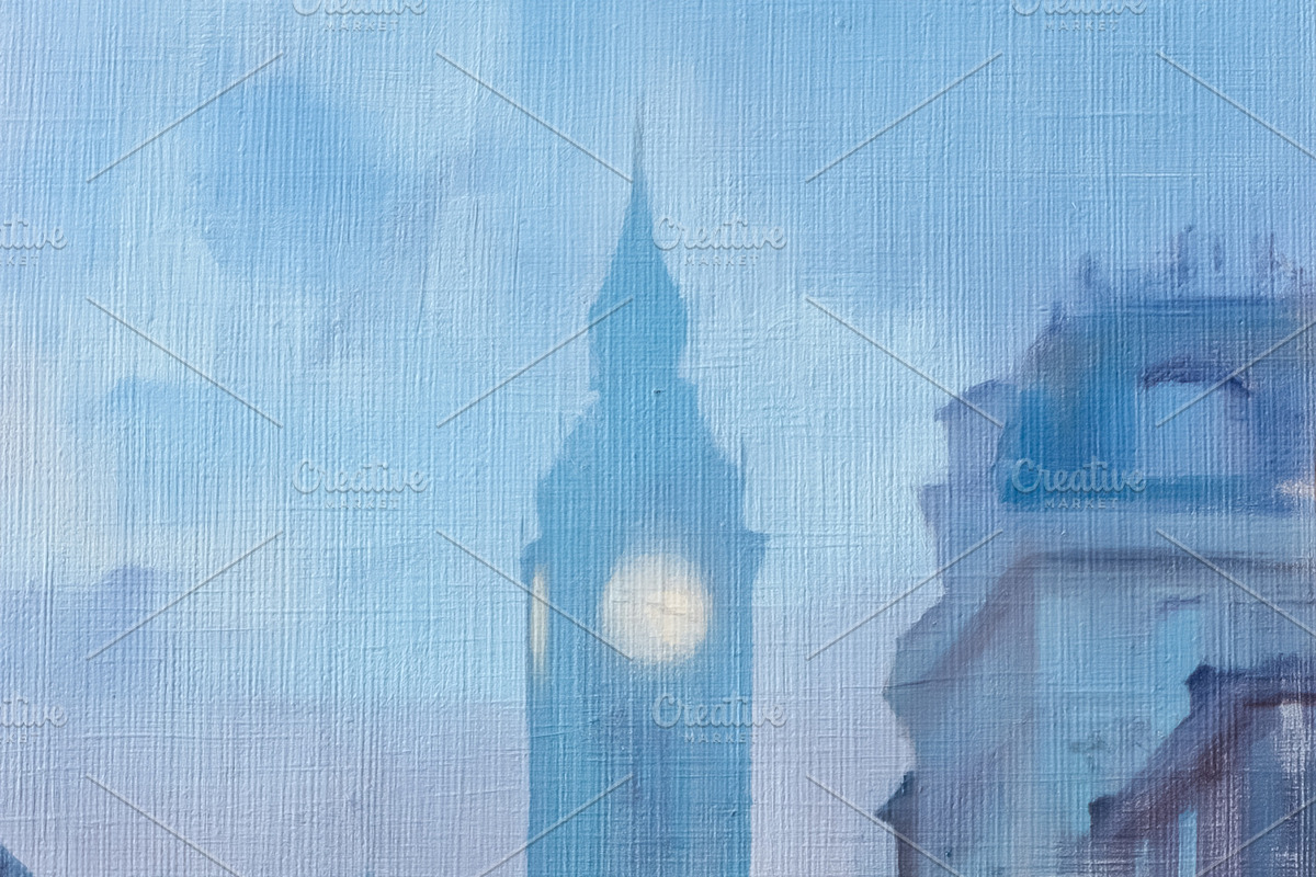 London cityscape painting illustrating evening fog with Houses o, an Illustration by Studio ANNA