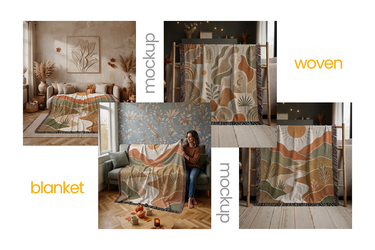 Woven Blanket Mockup x4 PSD PNG, a Household Mockup by Mockups Studio (Photo 7 of 9)