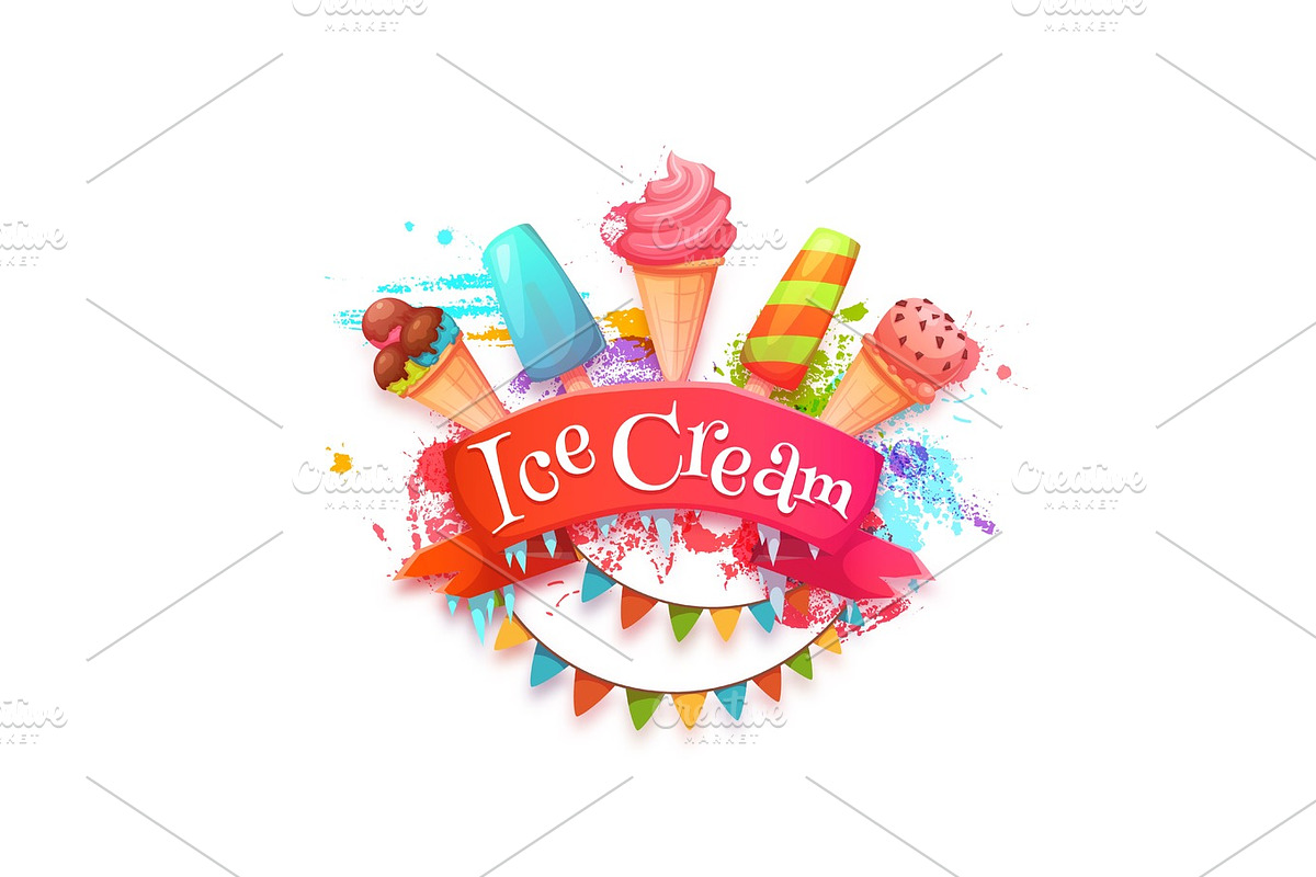 Ice cream banner with red ribbon. Vector illustration, a Food Illustration by Cattleya