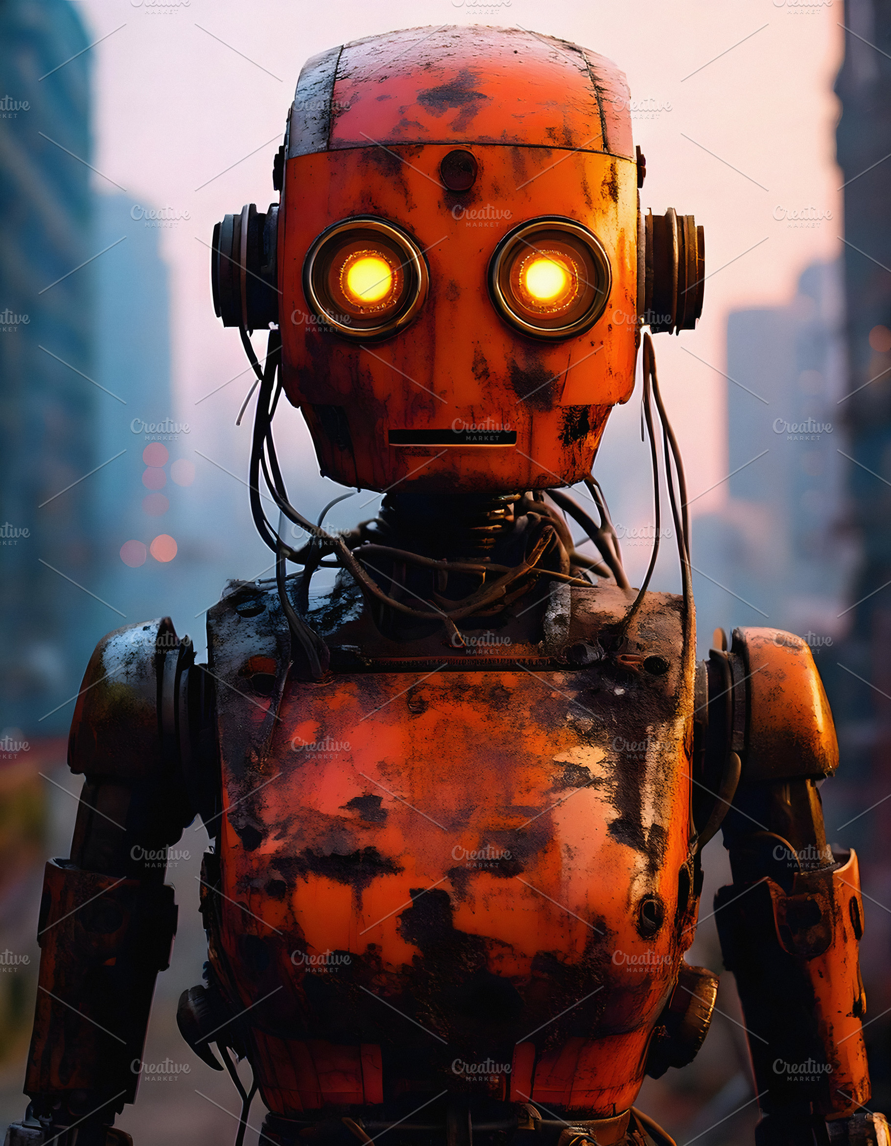 Rusty humanoid robot with glowing eyes in urban landscape, a Technology Photo by GoodGoods