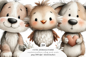 Watercolor cute animals farm clipart, an Illustration by SinaCreation