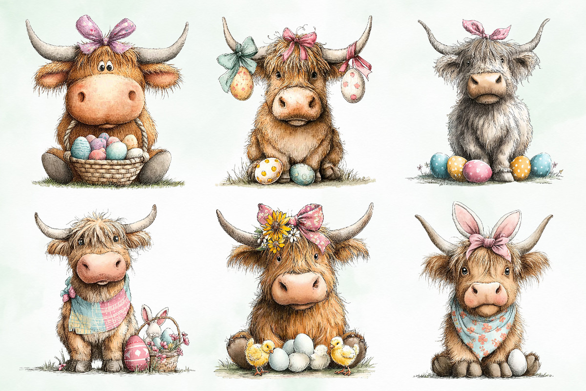 Whimsical Easter Highland Cow Clipar, an Illustration by Creative Art (Photo 3 of 8)