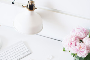 Peonies & Lamp Styled Desk Photo