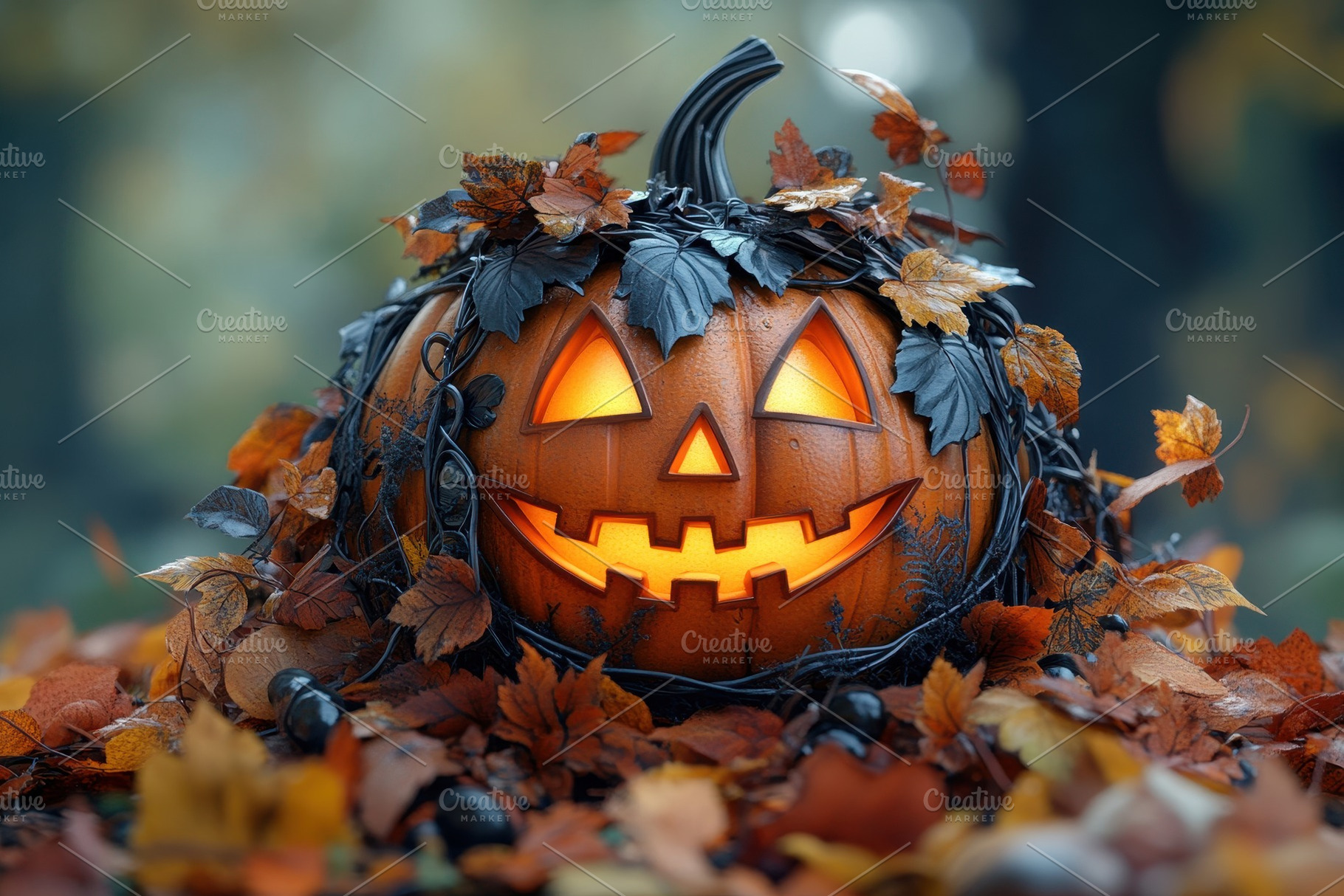 Halloween pumpkin with carved face s, a Photo by Tanuart