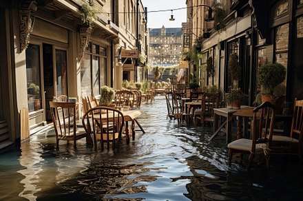 Flooding in an european country, with washed out street, destroyed furniture an
