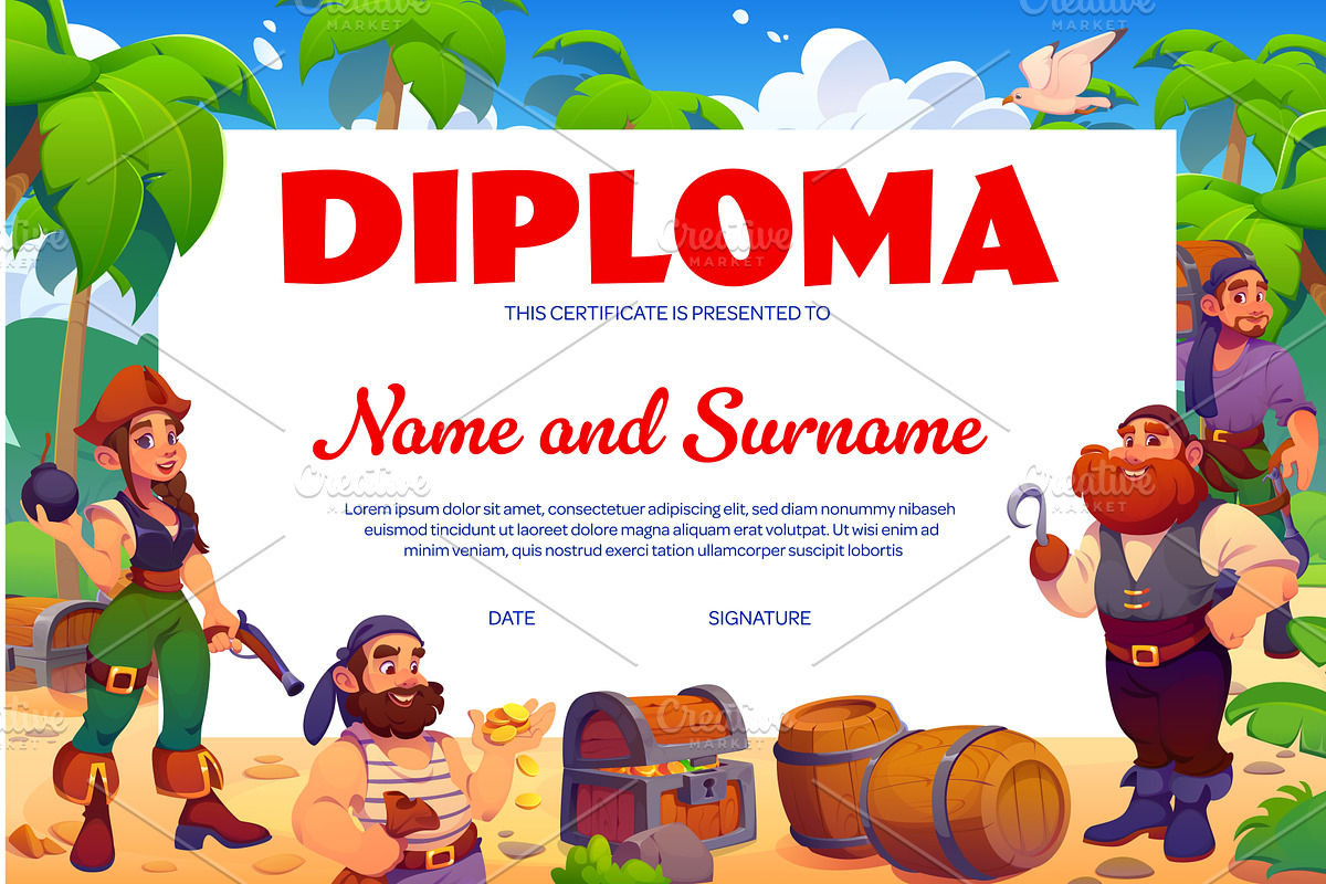 Kids diploma certificate pirates, a Person Illustration by Vector Tradition
