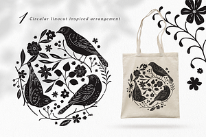 Birds & Blooms Vector Linocut Set