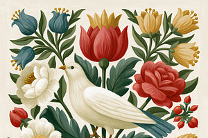 White bird among ornate florals and foliage, creating a traditional folk art pa, a Decorative Illustration by Studio ANNA