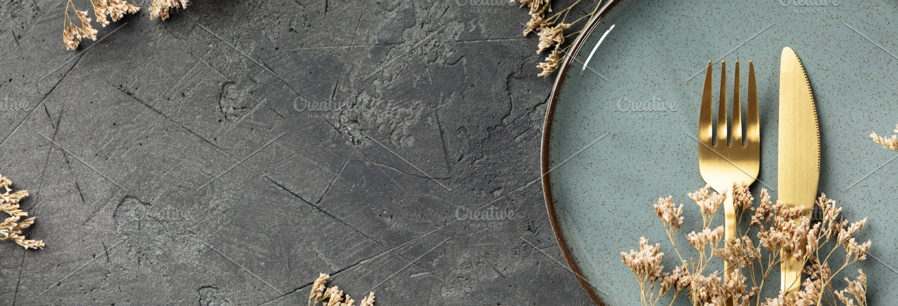 Elegant Culinary Flat-Lay Collection with Gold Cutlery, Ceramics, a Food & Drink Photo by Natalia Klenova's Shop