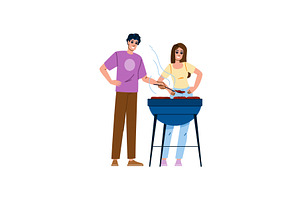 Happy couple grilling meat outdoors, an Illustration by pikepicture