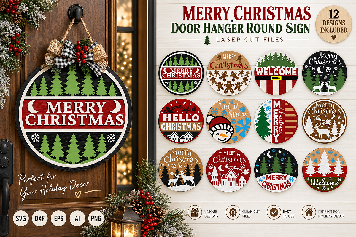 Merry Christmas Door Hanger LaserCut, a Decorative Illustration by OTVEY DESIGN (Photo 1 of 13)