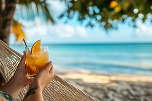 A person relaxes on a hammock, a Photo by Pavel_design
