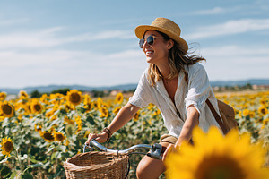 Woman enjoys cycling through a sunflower field during a weekend getaway, a Person Photo by AlyaAnd
