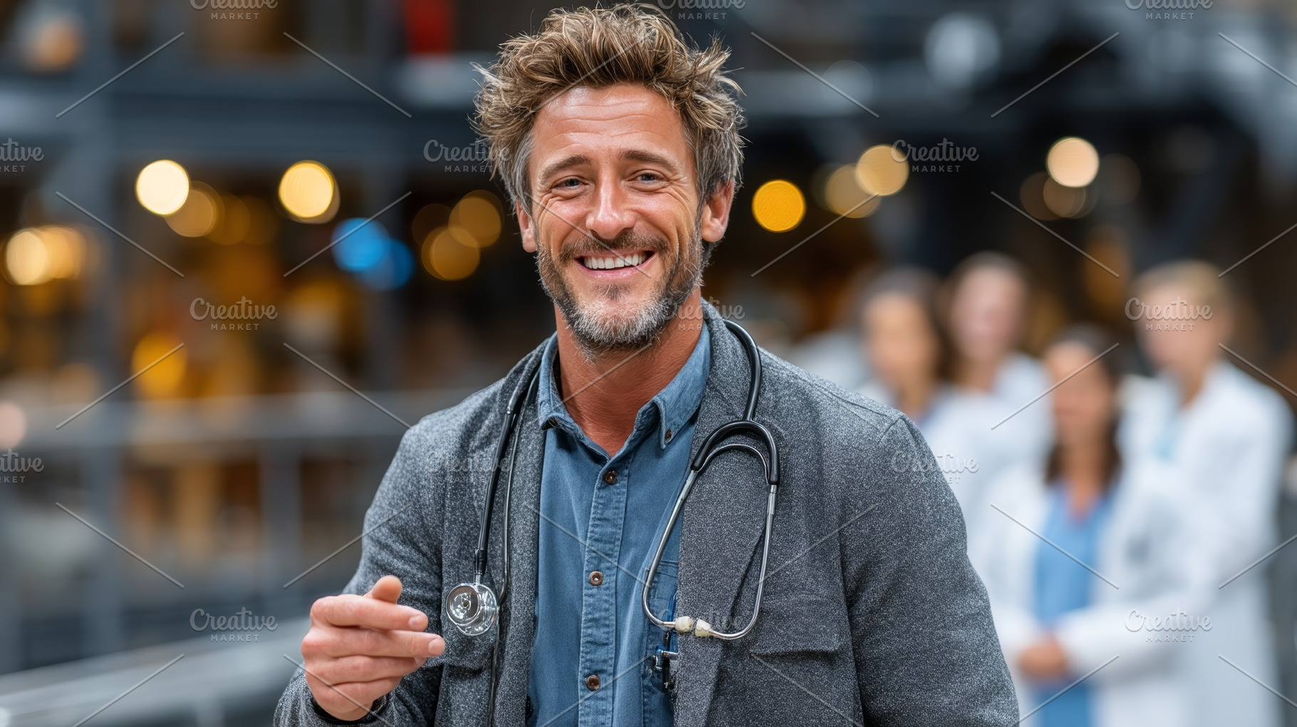 Smiling male doctor engaging with colleagues in a healthcare facility, a Health & Medical Photo by AS photostudio