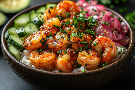 Healthy poke bowl with rice, vegetables and shrimps, a Food & Drink Photo by AlyaAnd