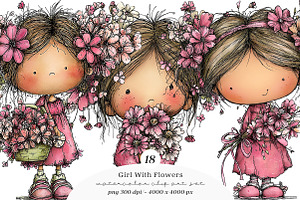 Whimsical Girl With Flowers Set, a Transportation Illustration by SinaCreation
