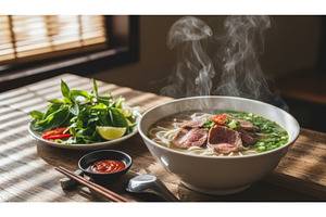 Steaming bowl of Pho soup with, a Food & Drink Photo by Igor Tichonow