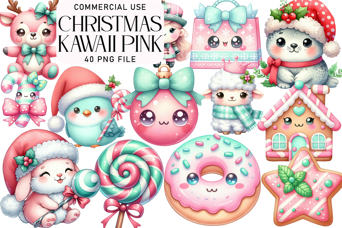 Kawaii Pink Mint Christmas Clipart, an Illustration by Daily.Designs (Photo 1 of 5)