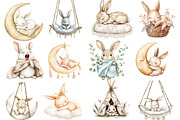 Bunny Neutral Sleeping Animals png, an Illustration by Watercolor design (Thumbnail 3 of 5)