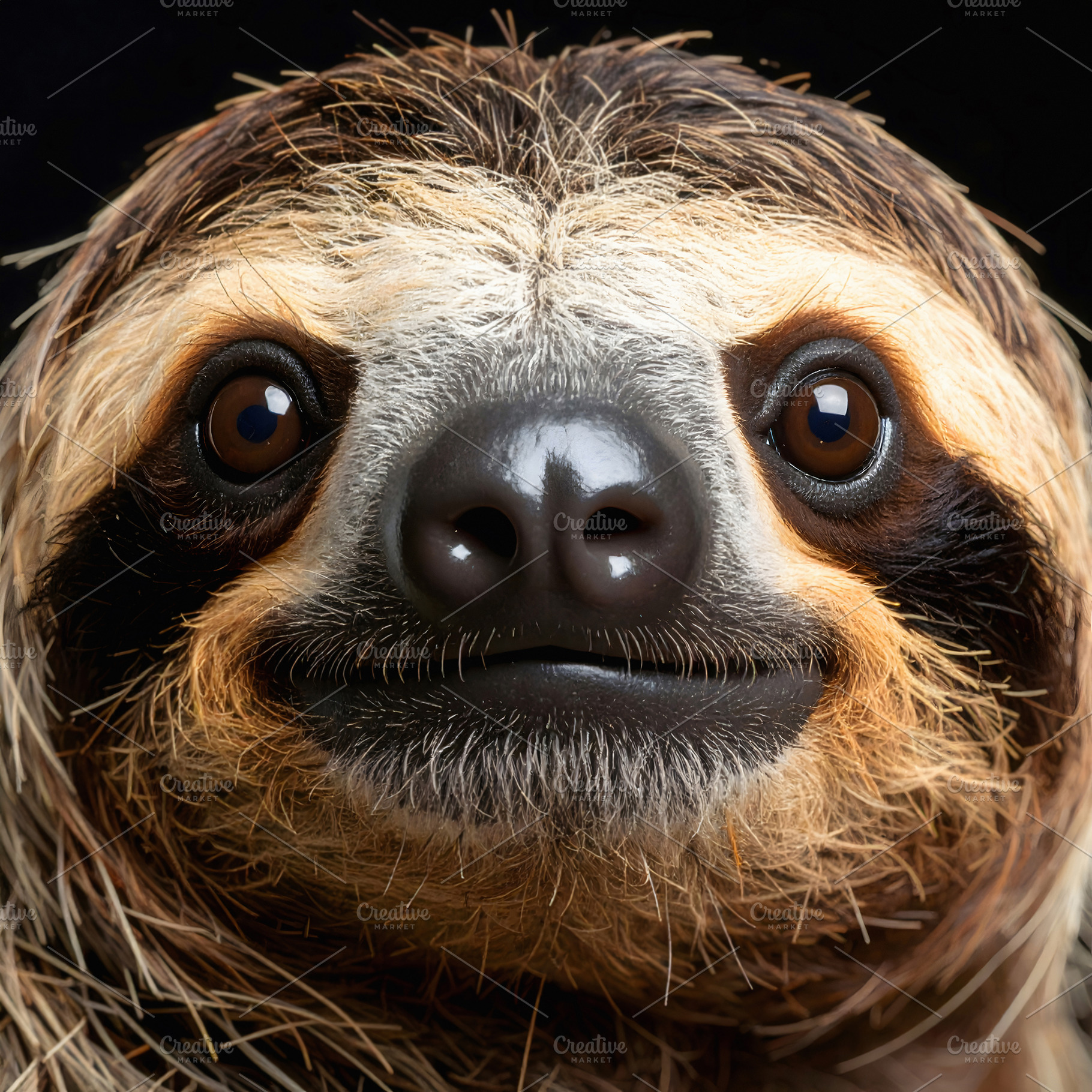 Smiling face of sloth captured in warm close portrait, an Animal Photo by GoodGoods