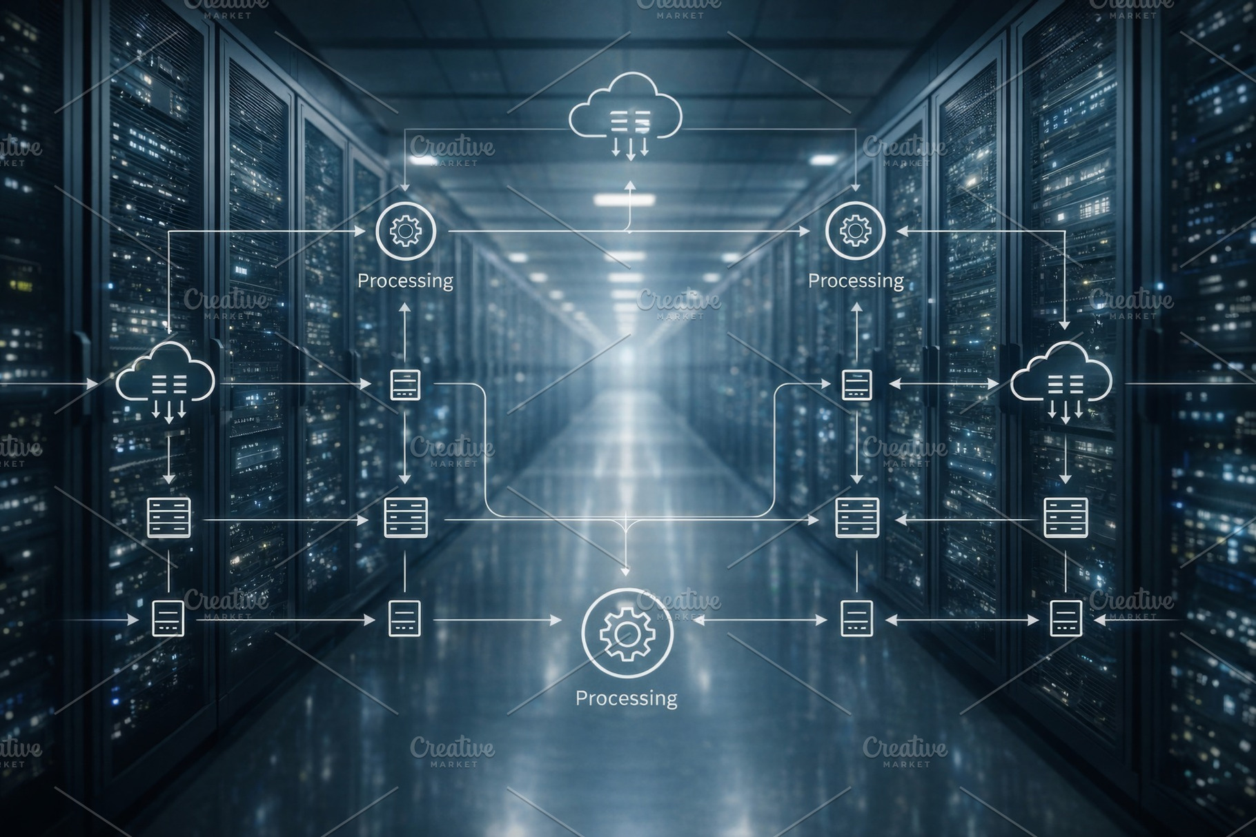 AI data center network diagram illustrating processing and conne, a Photo by Dvoevnore photos