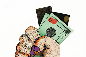 A hand grips a bunch of cash, a Person Illustration by Sybillla