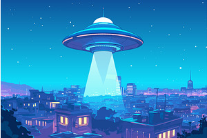 Cartoon alien flying saucer over, a Technology Illustration by LadadikArt