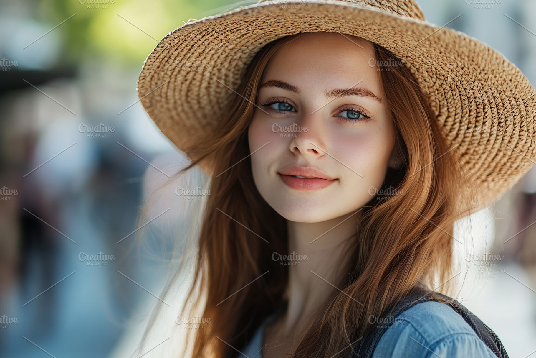 Woman wearing a straw hat enjoys a sunny day on a vibrant city s, a Person Photo by AlyaAnd