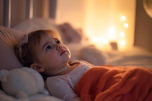 Sad little baby girl is lying in bed at home or hospital
