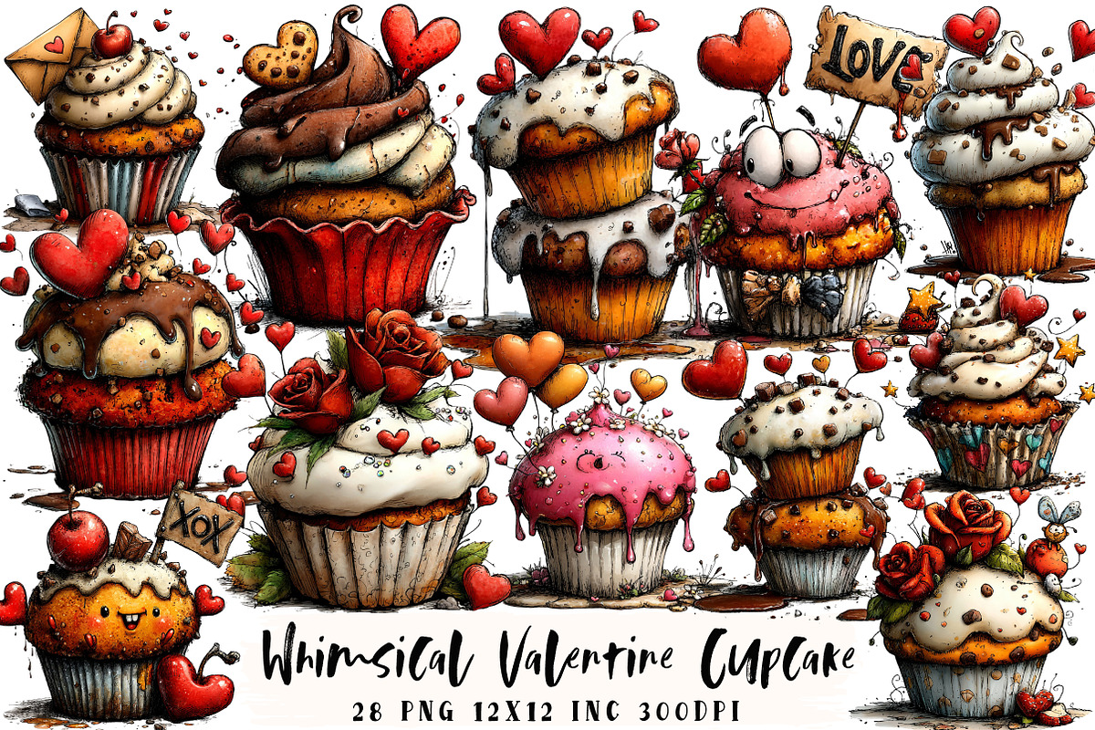 Whimsical Valentine Cupcake Clipart, an Illustration by OK Design (Photo 1 of 6)