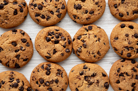 Homemade Chocolate Chip Cookies, top view.