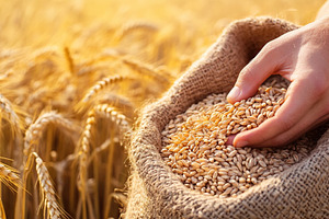 Human hand holding wheat grains from a burlap sack in a golden wheat field at s, a Food & Drink Photo by AlyaAnd