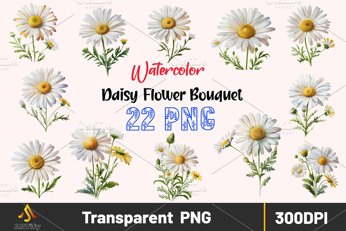 Watercolor daisy bouquets clipart, a Decorative Illustration by ARTify Illustrations (Photo 1 of 3)