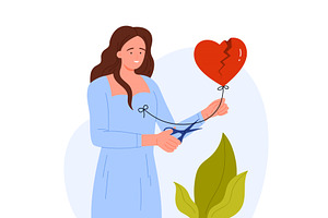 Woman Cutting Heart Balloon String, an Object Illustration by Flashvector