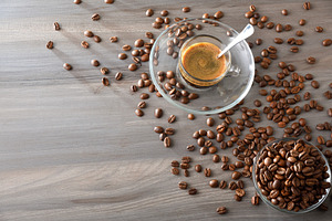 Background with coffee on a wooden table with coffee beans, a Food & Drink Photo by Davizro's Market