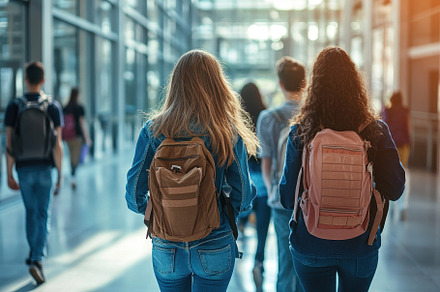 Students walk and converse, a Photo by Pavel_design