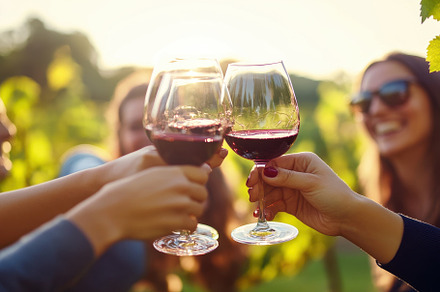 Friends having fun in a vineyard, a Photo by Pavel_design