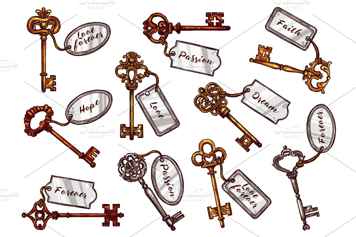 Vector sketch vintage keys with keychain tags, an Illustration by ...