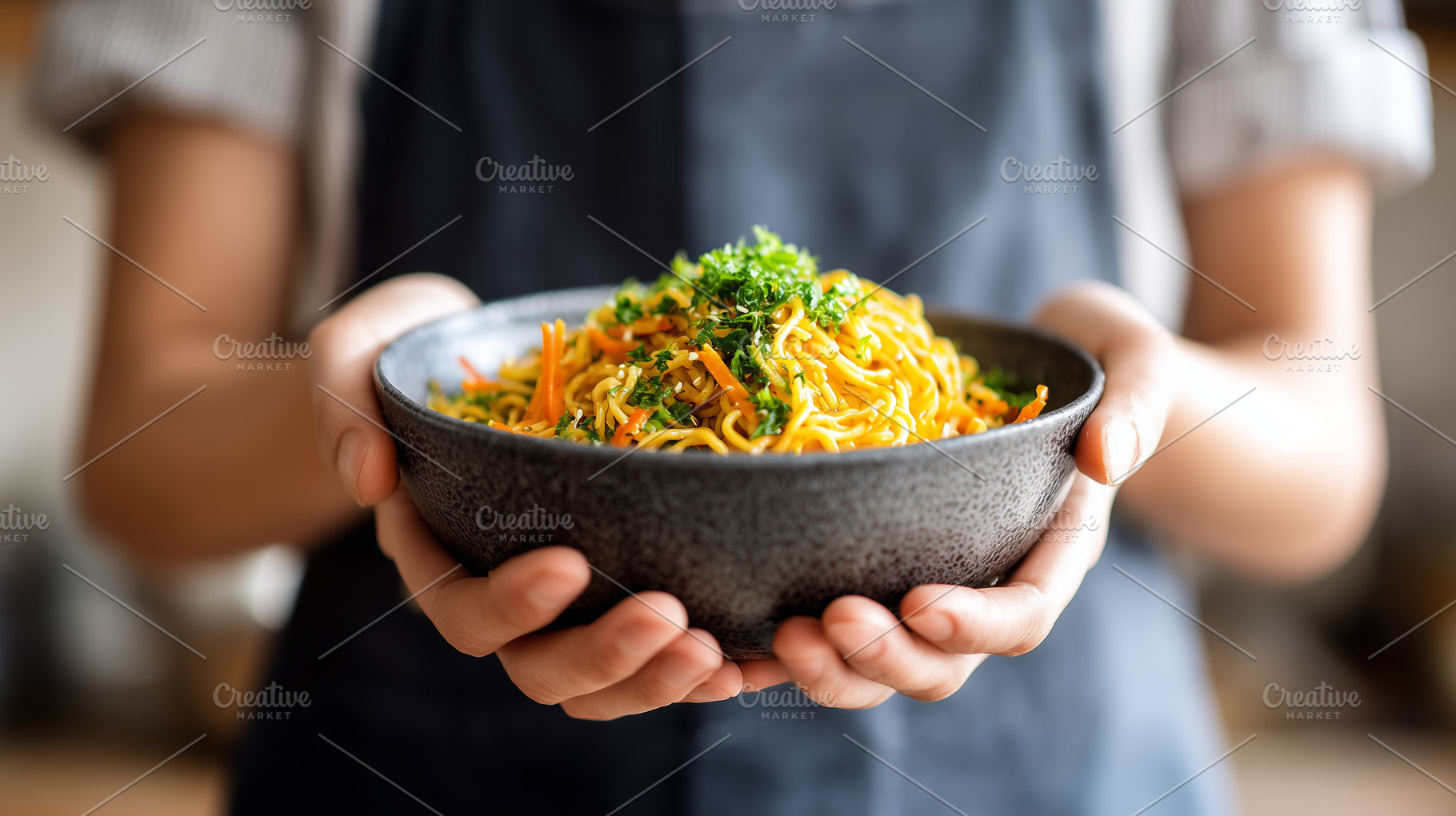 Woman in apron holding a bowl of, a Food & Drink Photo by MistyDay